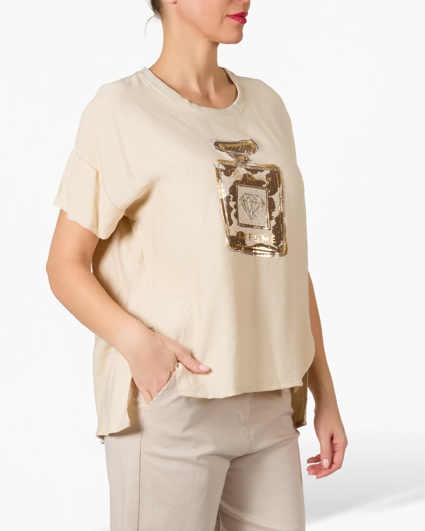 T-shirt graphique beige imprimé animal et parfum doré