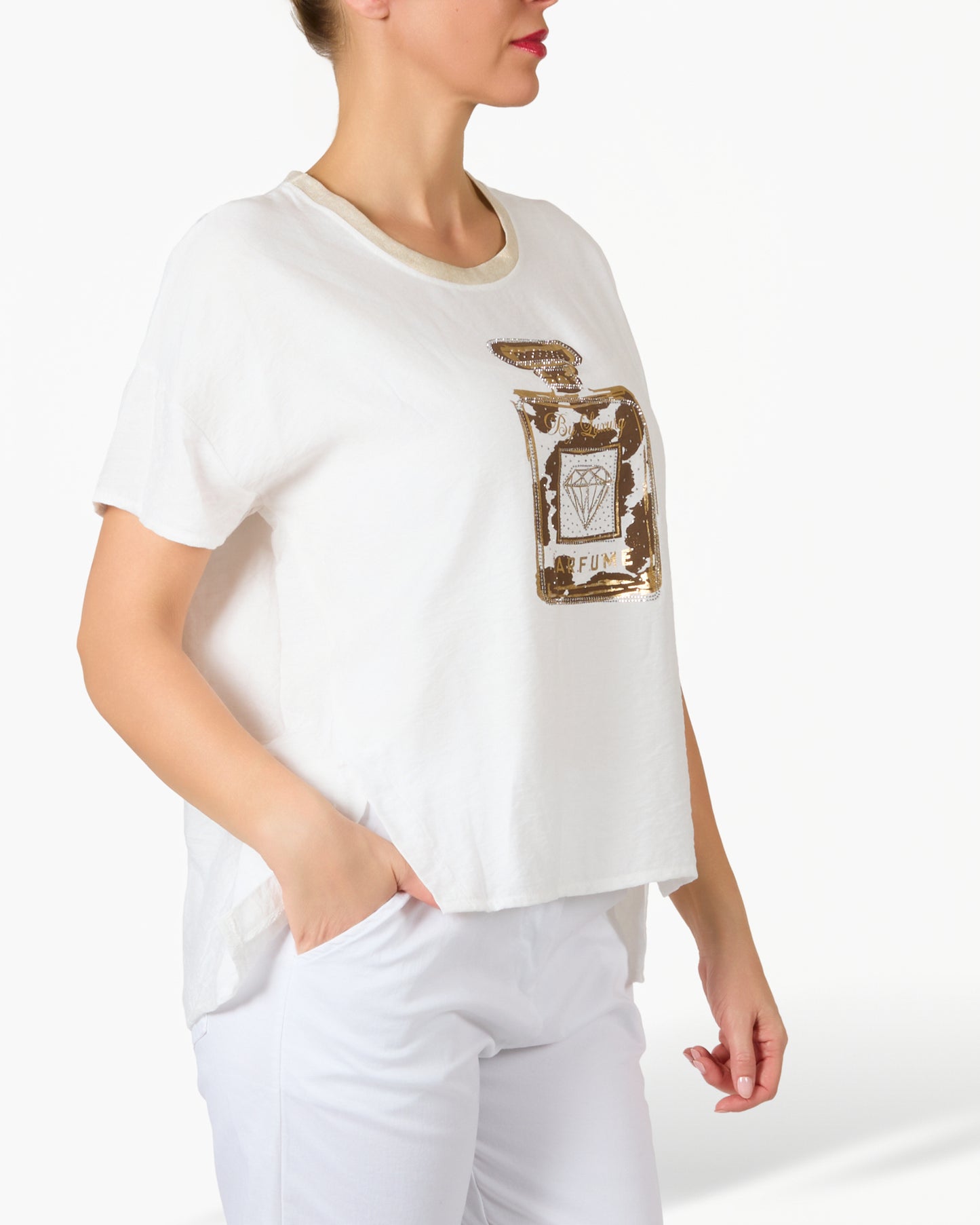 T-shirt graphique blanc imprimé animal et parfum doré