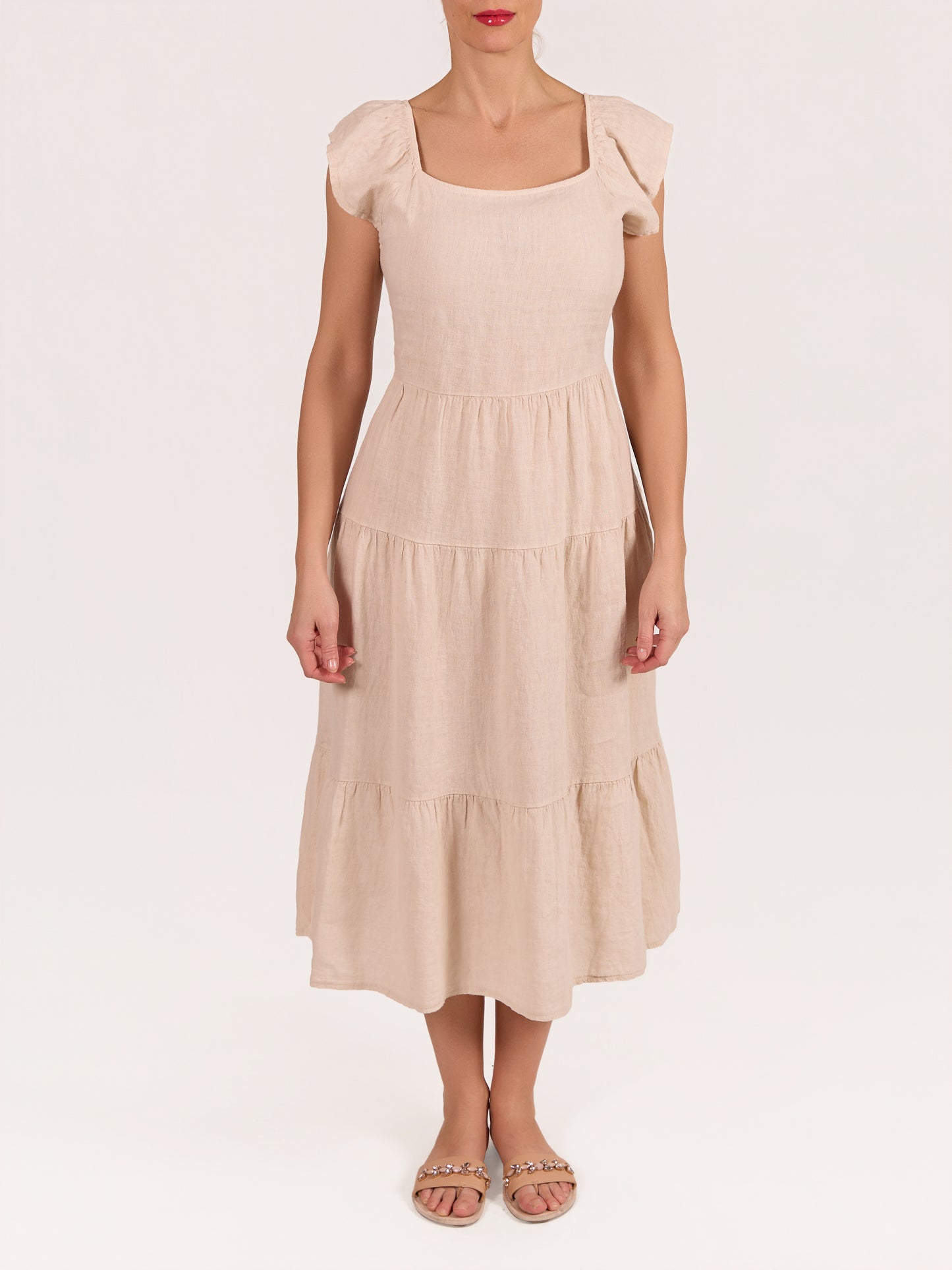Robe paysanne en lin 100% beige à volants