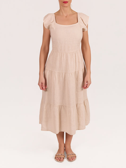 Robe paysanne en lin 100% beige à volants