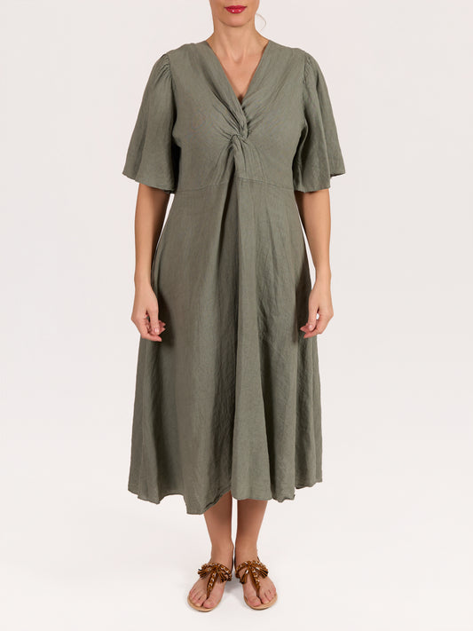 Robe paysanne kaki 100% lin à manches courtes et lien à l’avant