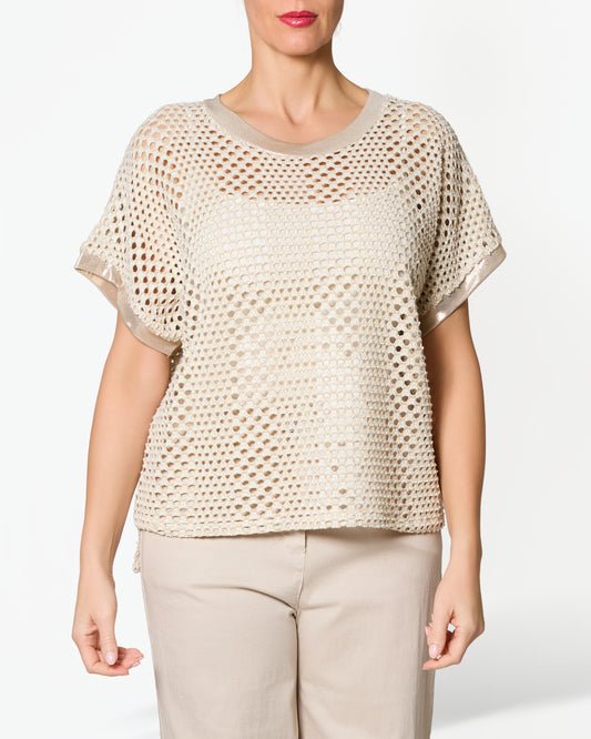 Pullover beige en crochet à manches courtes avec bordure effet foil et ourlet asymétrique