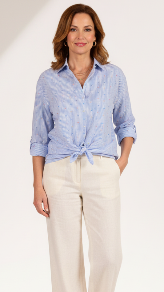 Chemise rayée multivoies à boutons devant et ourlet asymétrique bleu