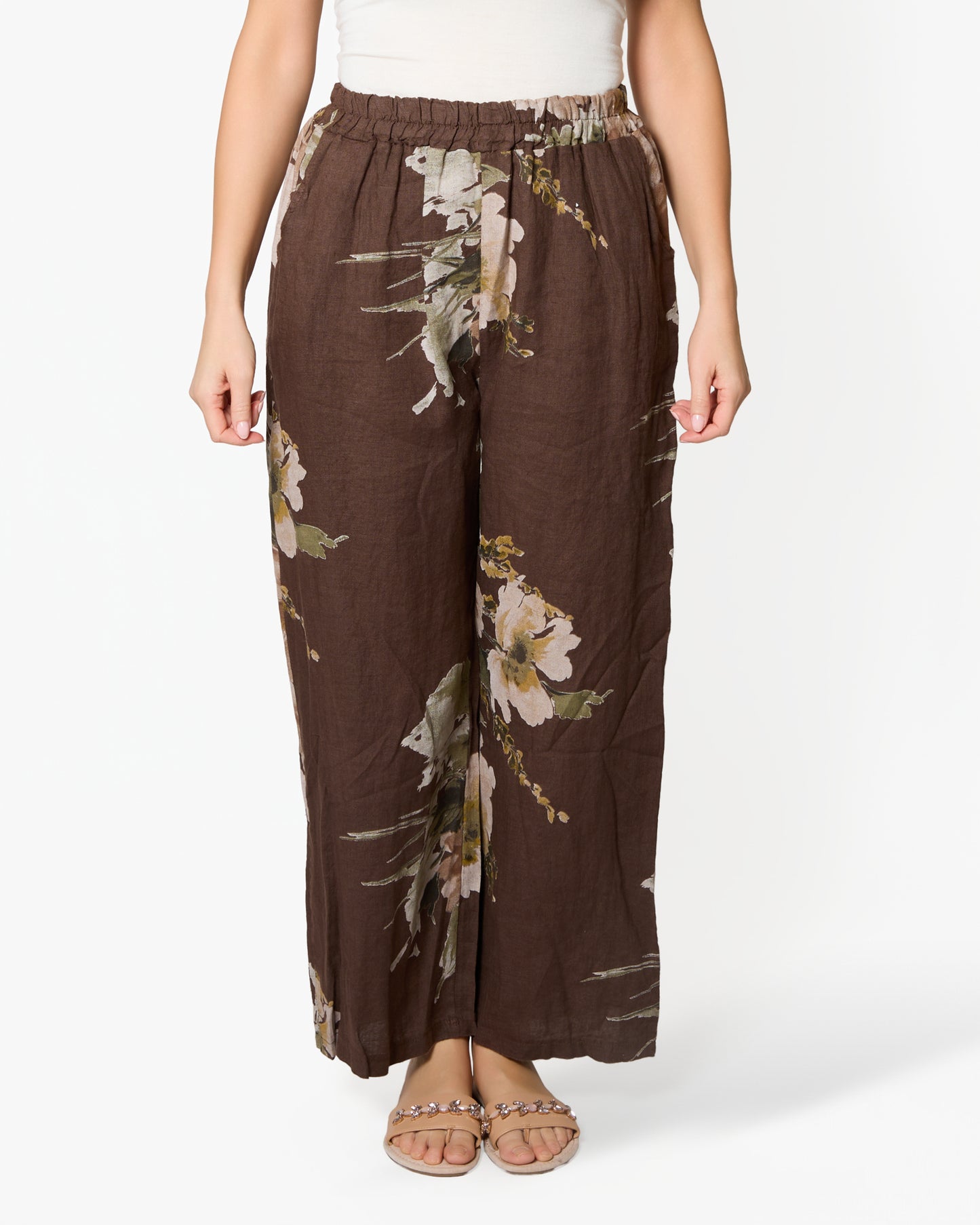 Pantalon en lin imprimé floral espresso