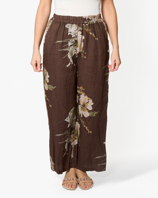 Pantalon en lin imprimé floral espresso