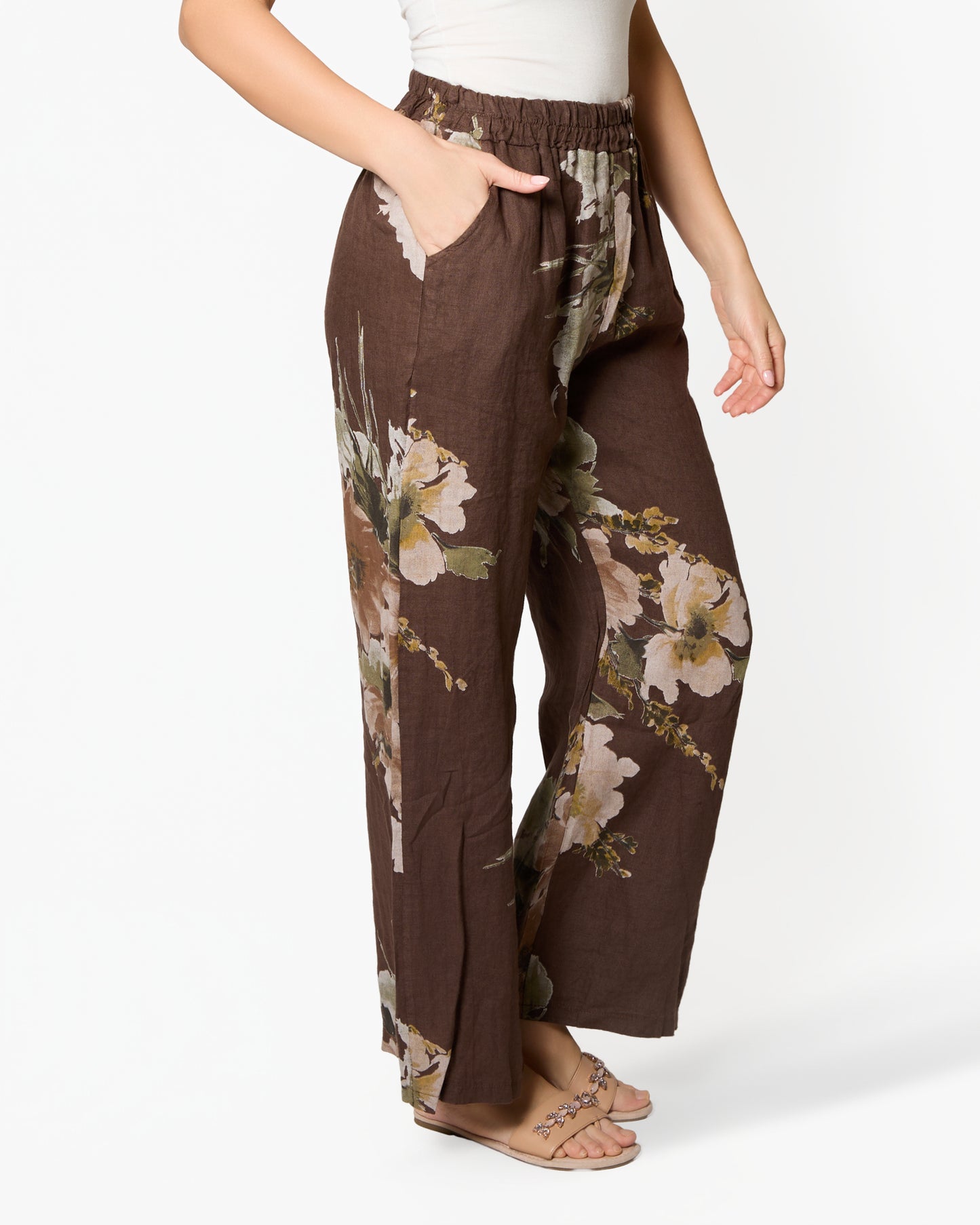Pantalon en lin imprimé floral espresso