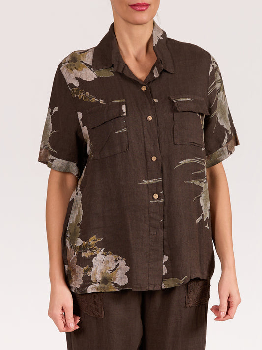 Blouse espresso imprimé floral à 2 poches boutonnée