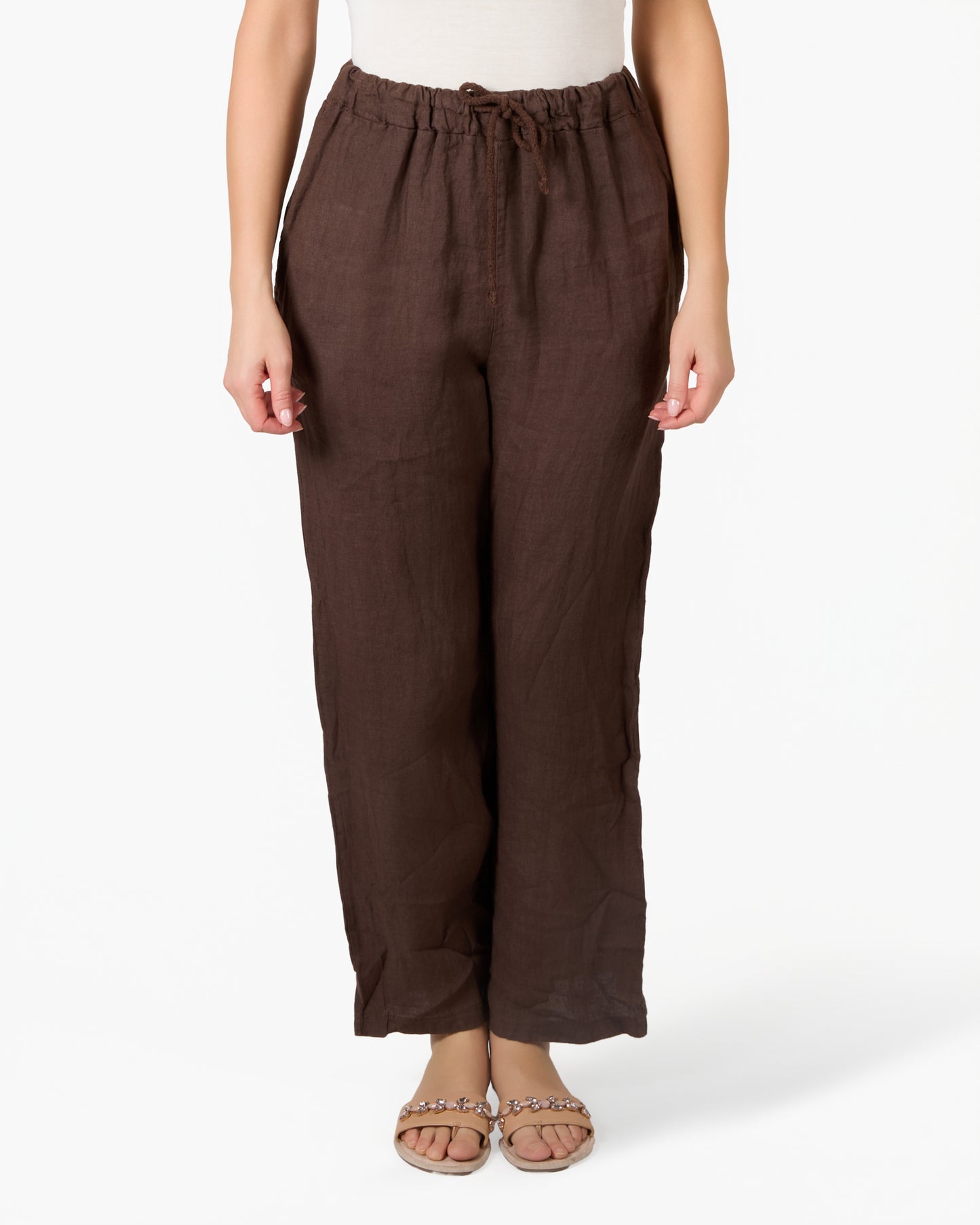 Pantalon en lin espresso à taille nouée et poches