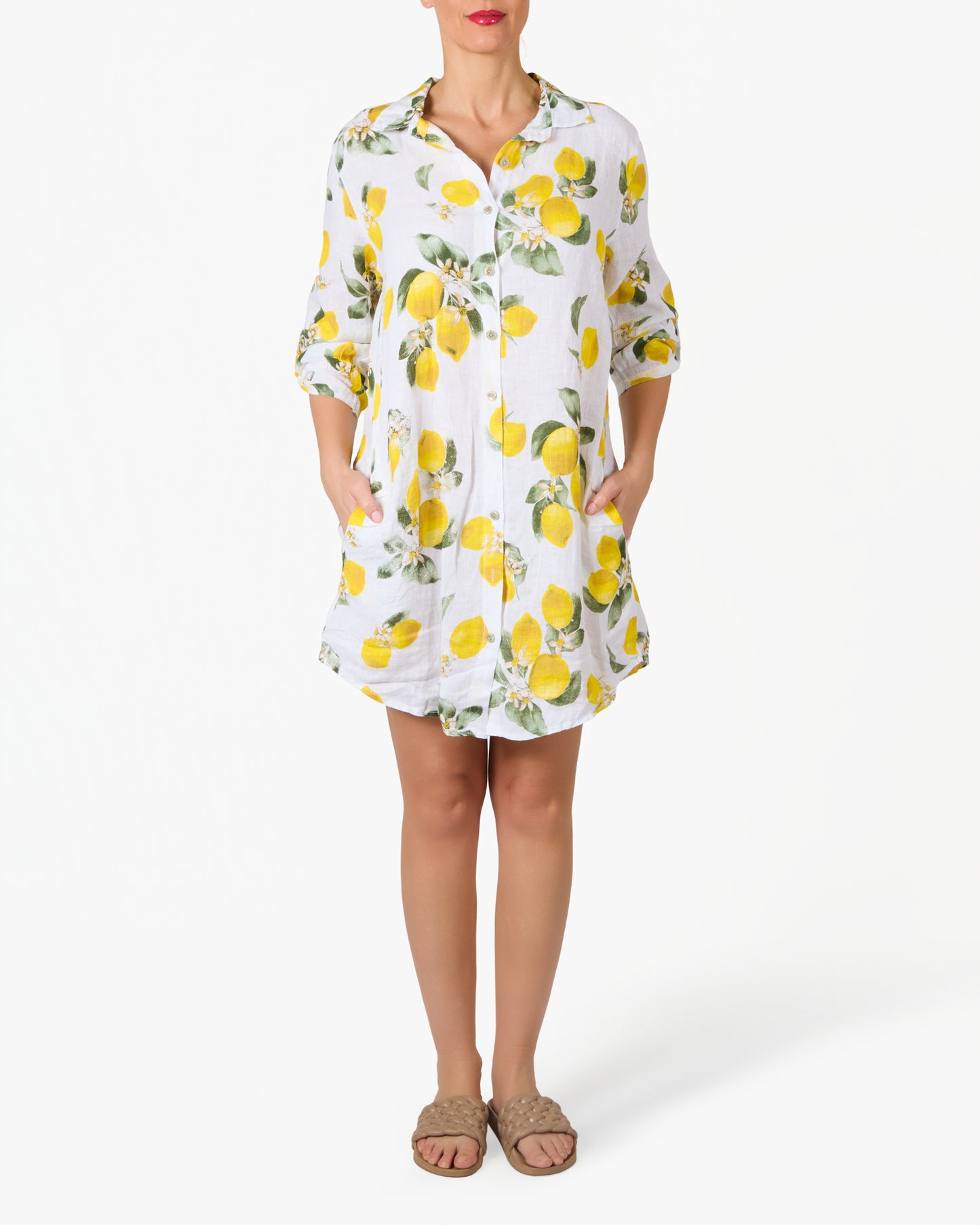 Robe blanche à imprimé citron boutonnée 3/4 élégante