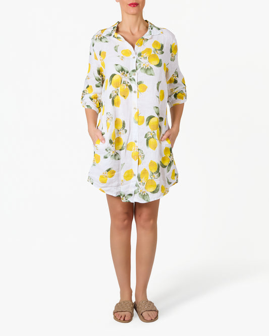 Robe blanche à imprimé citron boutonnée 3/4 élégante