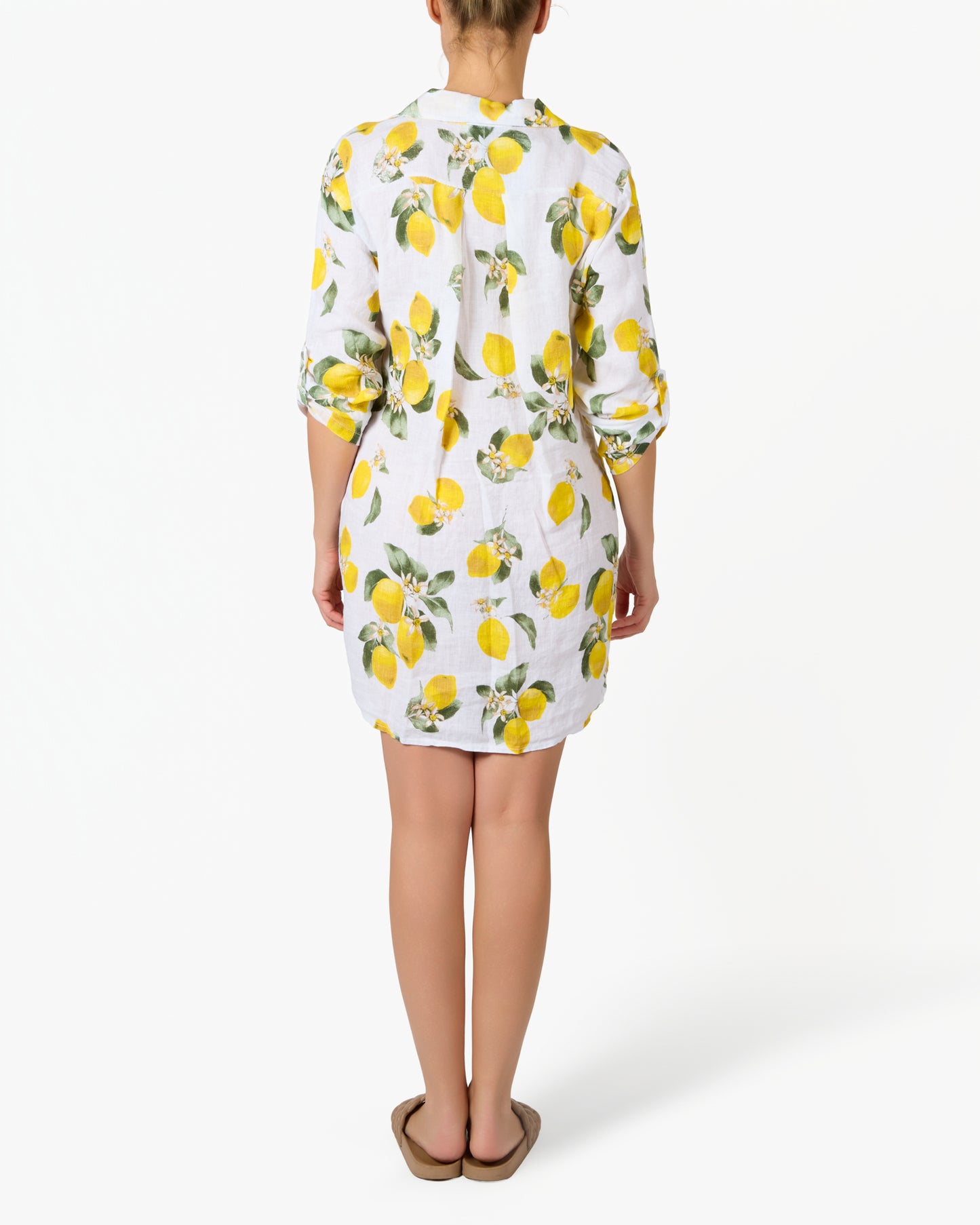Robe blanche à imprimé citron boutonnée 3/4 élégante