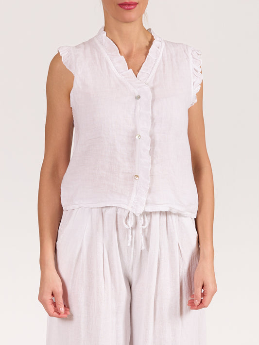 Blouse blanche sans manches à volants boutonnée