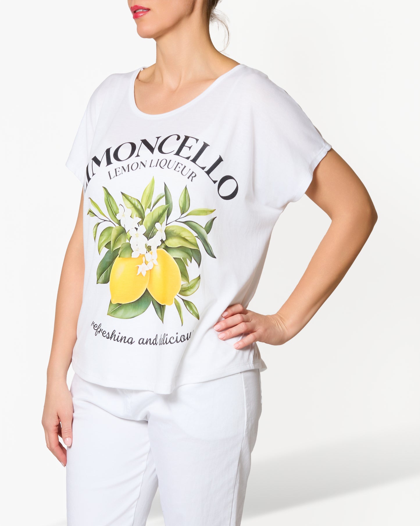 T-shirt blanc à encolure ronde et manches courtes avec motif Limoncello