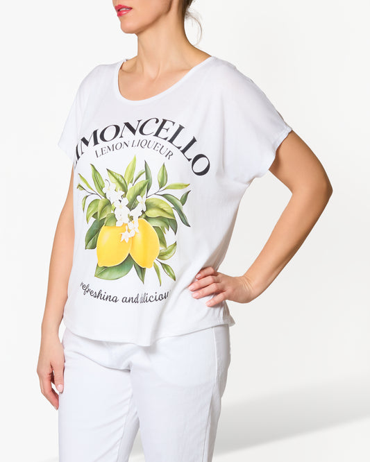 T-shirt blanc à encolure ronde et manches courtes avec motif Limoncello