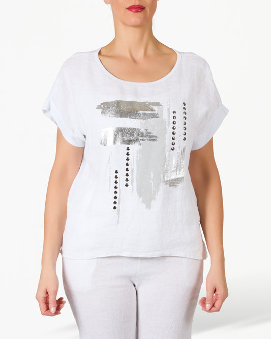 T-shirt blanc motif abstrait foil argent