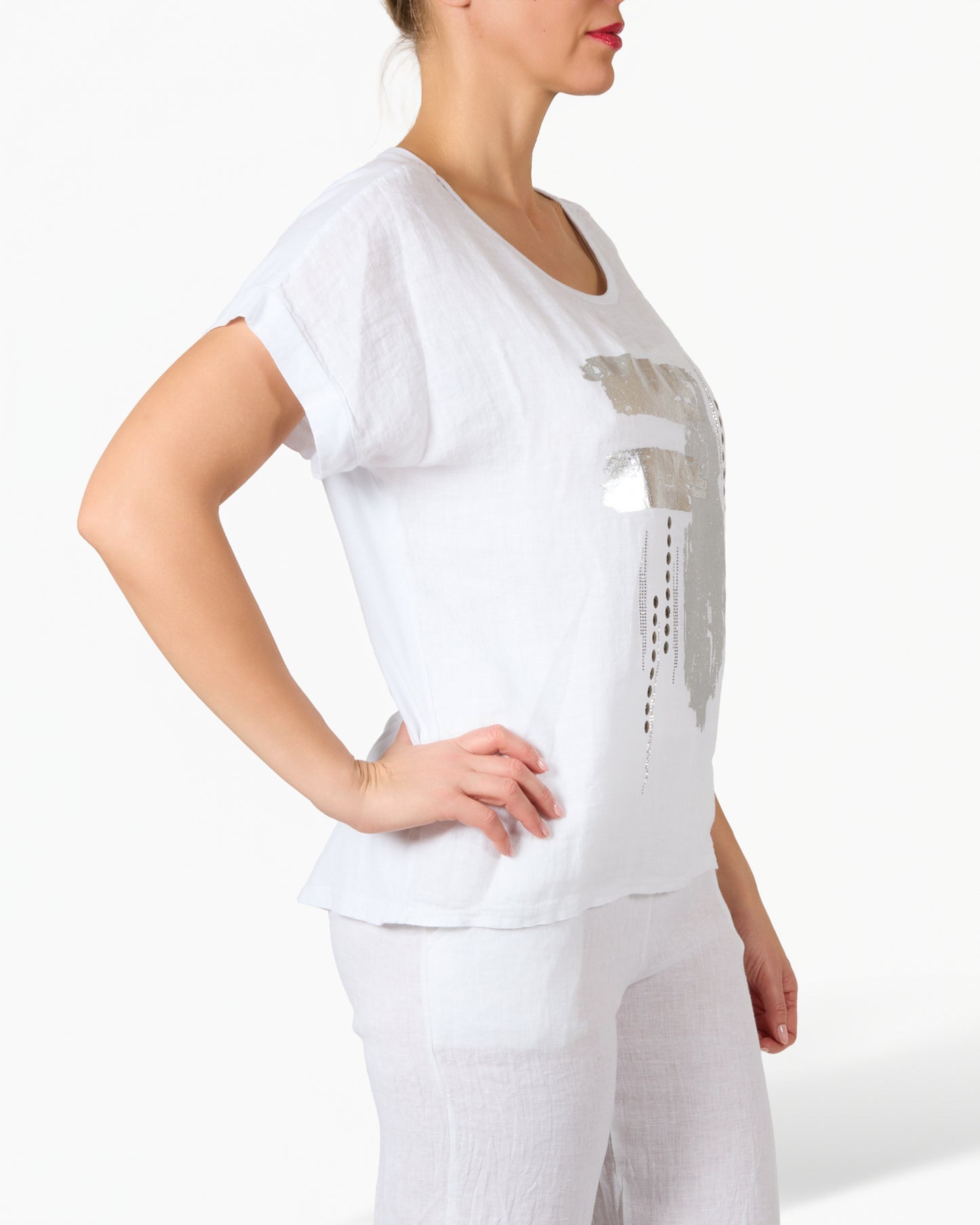 T-shirt blanc motif abstrait foil argent