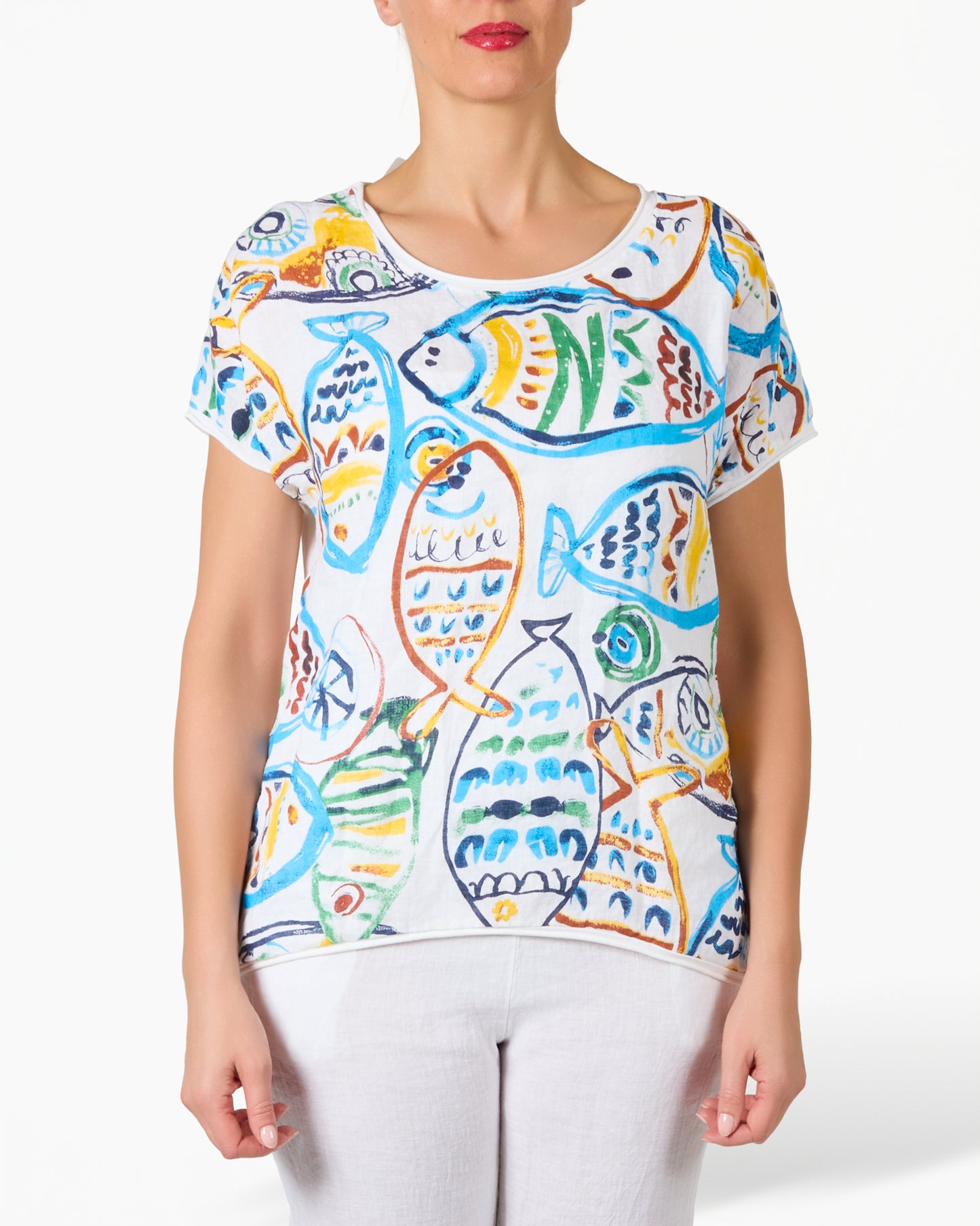 T-shirt blanc graphique poisson dessiné à la main