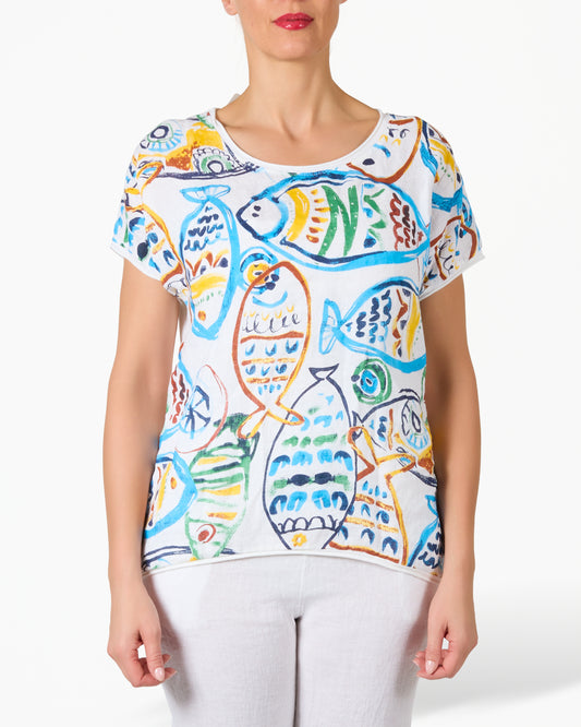 T-shirt blanc graphique poisson dessiné à la main