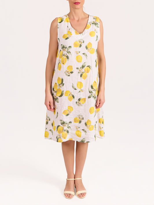 Robe midi blanche col V imprimé citron