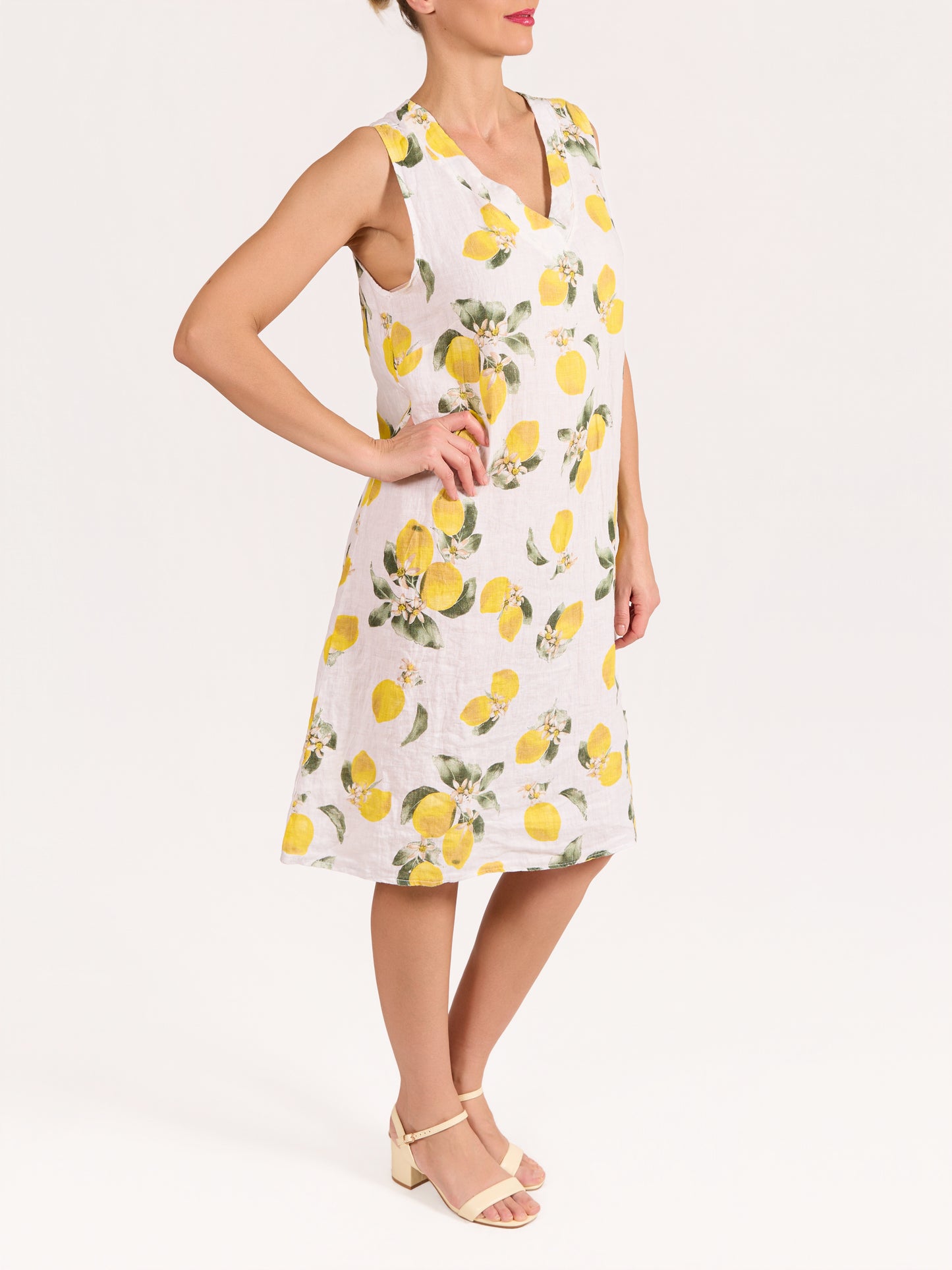 Robe midi blanche col V imprimé citron
