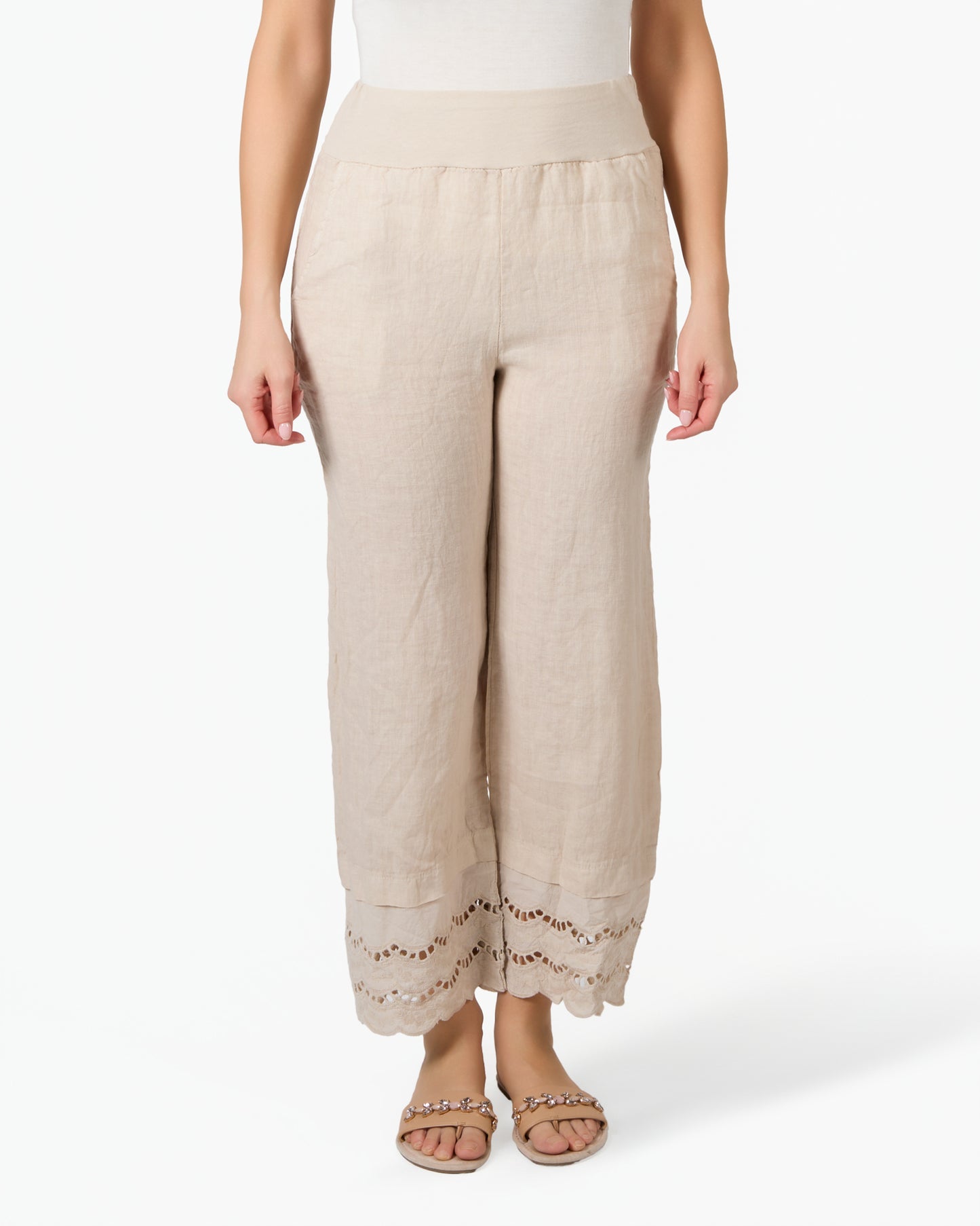 Pantalon beige en lin et dentelle à taille élastique chic