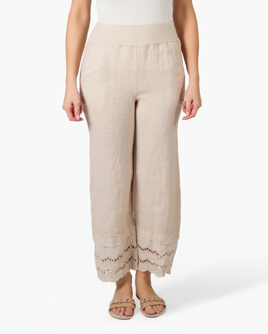 Pantalon beige en lin et dentelle à taille élastique chic