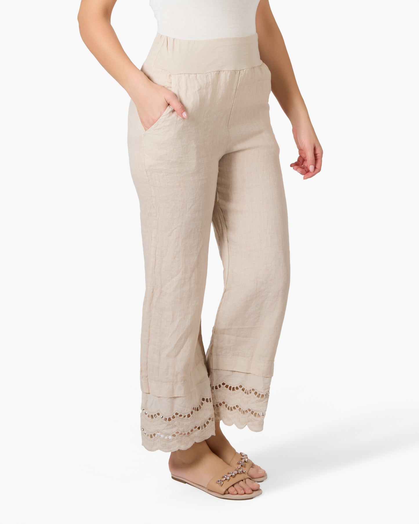 Pantalon beige en lin et dentelle à taille élastique chic