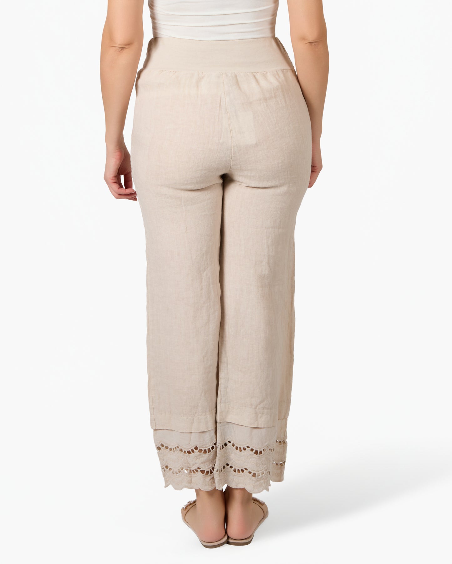 Pantalon beige en lin et dentelle à taille élastique chic