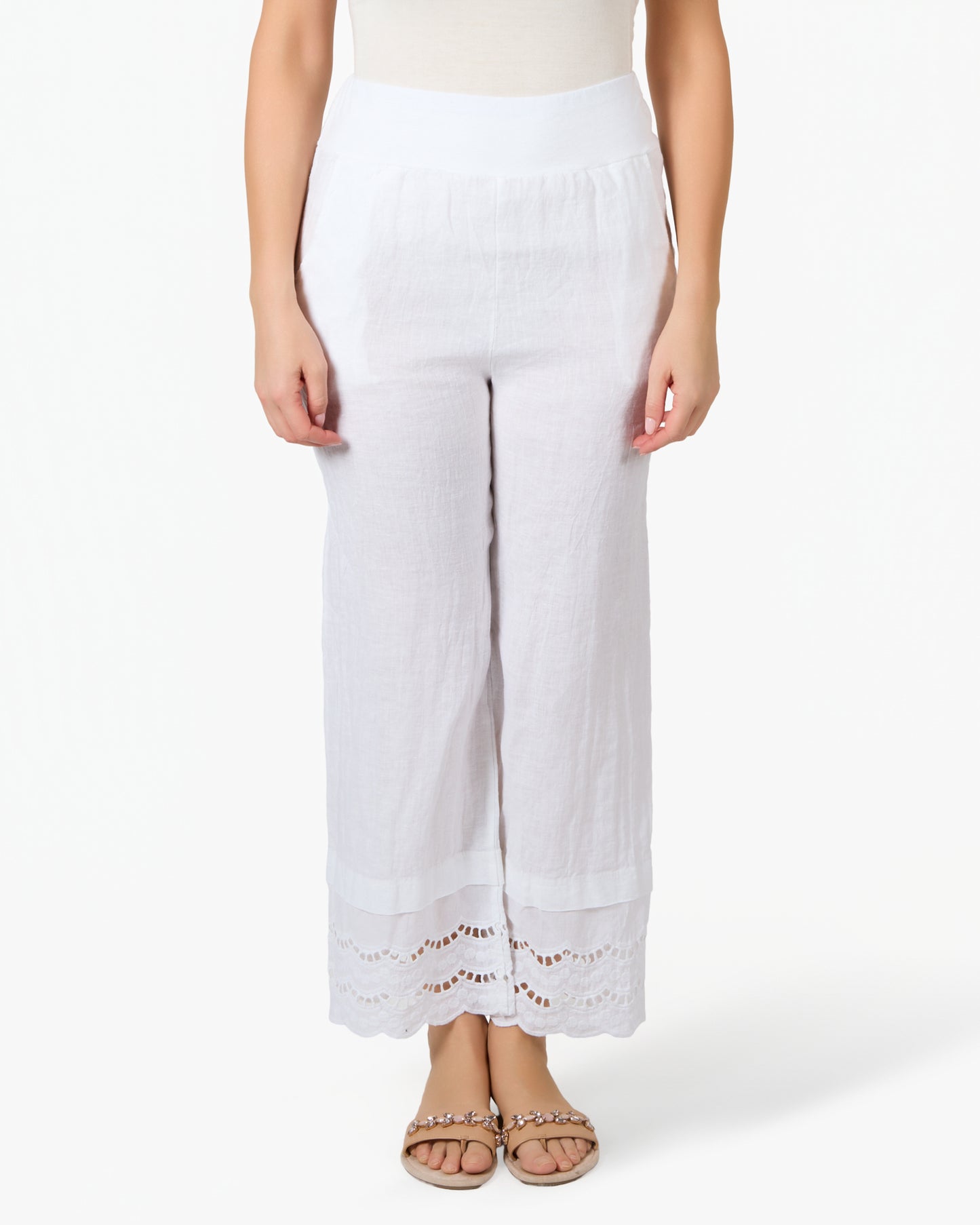 Pantalon blanc en lin et dentelle à taille élastique