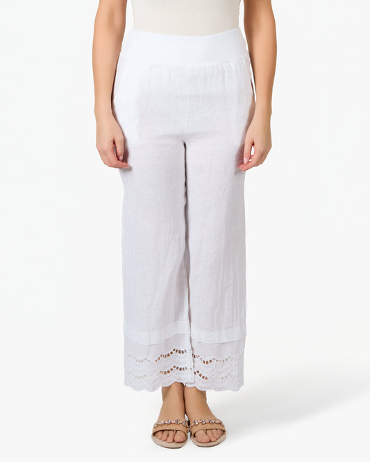 Pantalon blanc en lin et dentelle à taille élastique