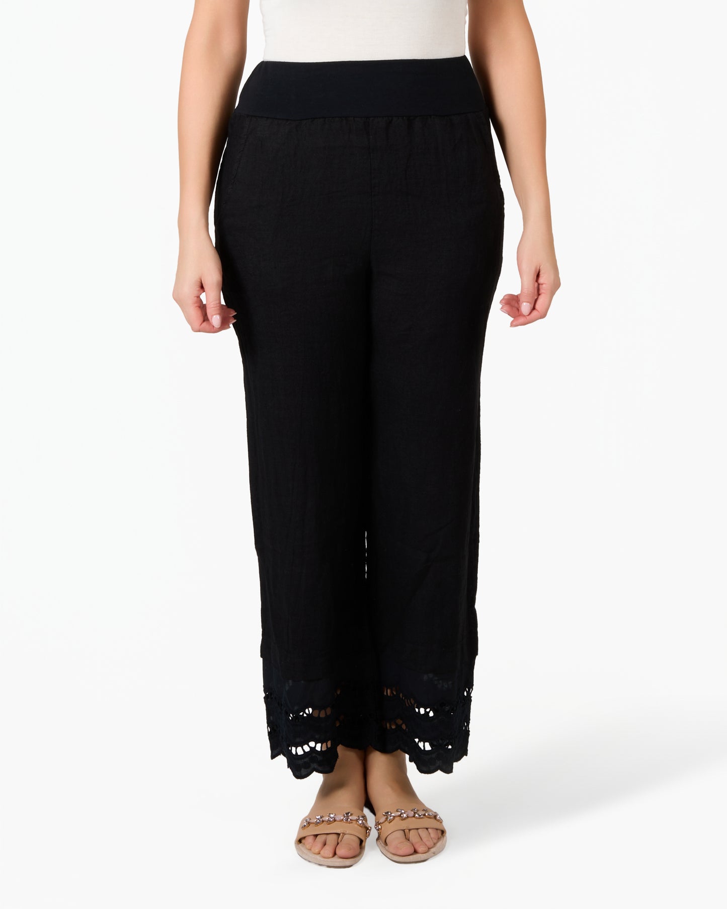 Pantalon noir en lin et dentelle à taille élastique