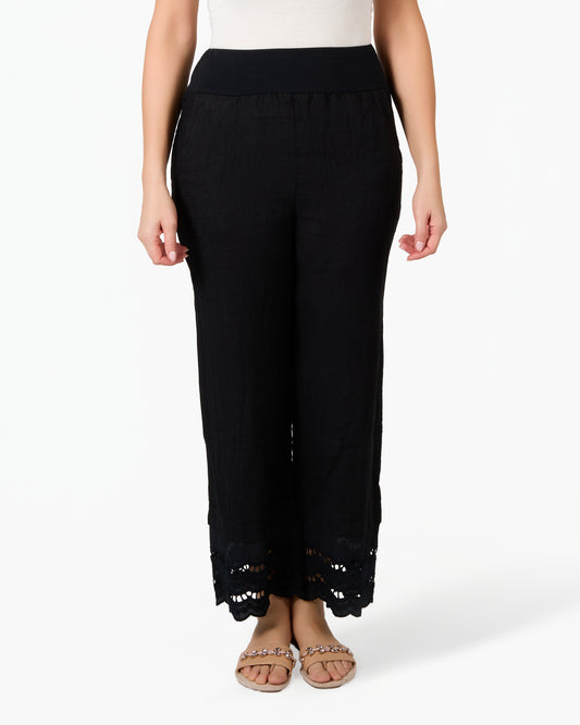 Pantalon noir en lin et dentelle à taille élastique