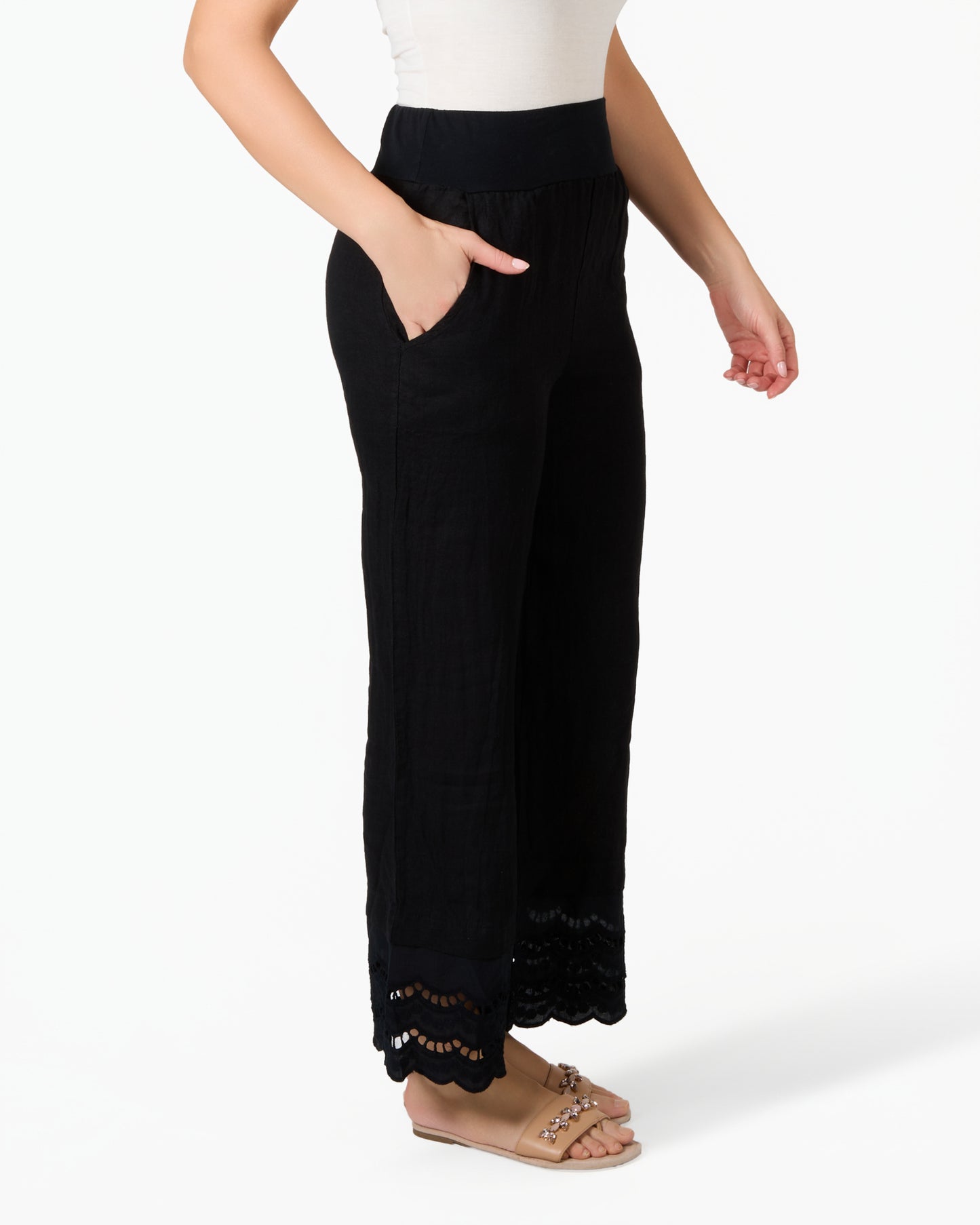 Pantalon noir en lin et dentelle à taille élastique