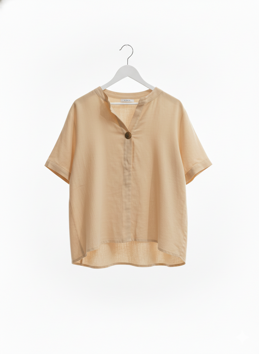 Chemise Beige à Manches Courtes avec Patte de Boutonnage à 1 Bouton
