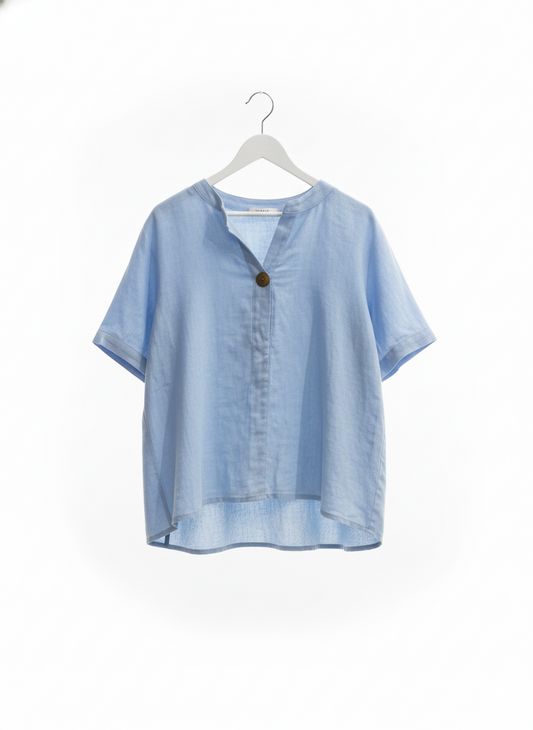 Chemise Bleue à Manches Courtes avec Patte de Boutonnage à 1 Bouton
