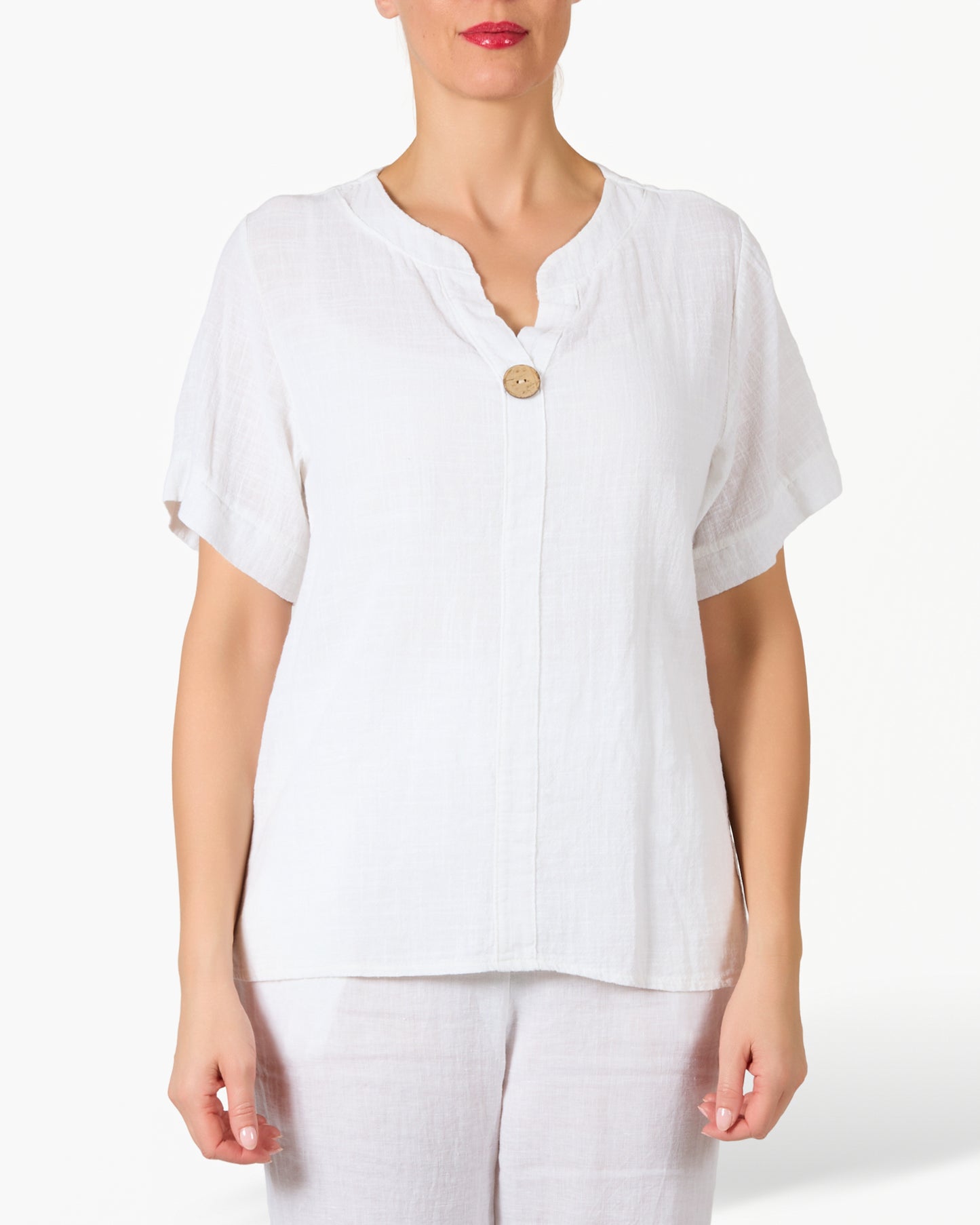 Chemise Blanche à Manches Courtes avec Patte de Boutonnage à 1 Bouton