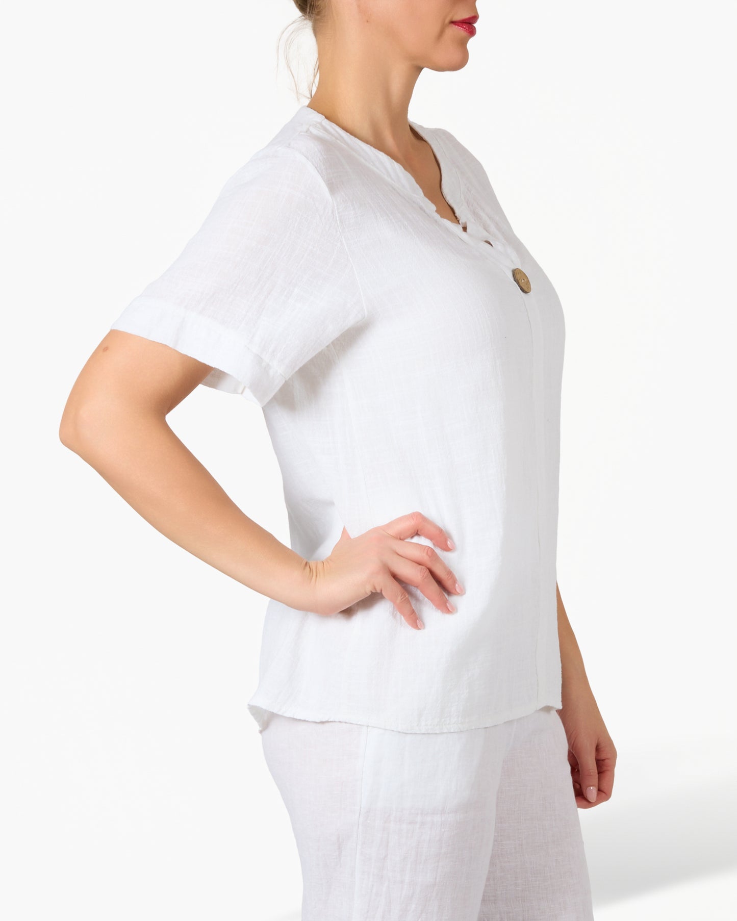 Chemise Blanche à Manches Courtes avec Patte de Boutonnage à 1 Bouton