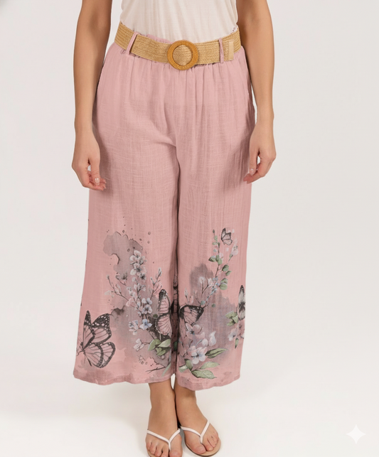 Pantalon Rose à Taille Élastique avec Ceinture et Imprimé Papillons Bordure