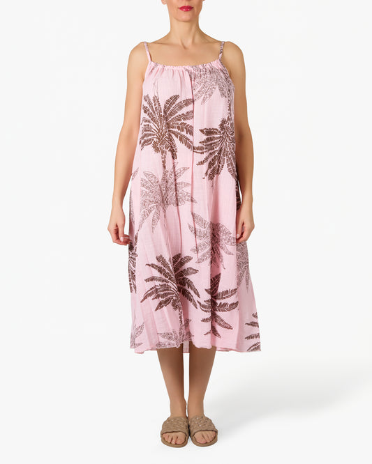 Robe Rose en Gaze à Bretelles Fines avec Imprimé Floral Palmier