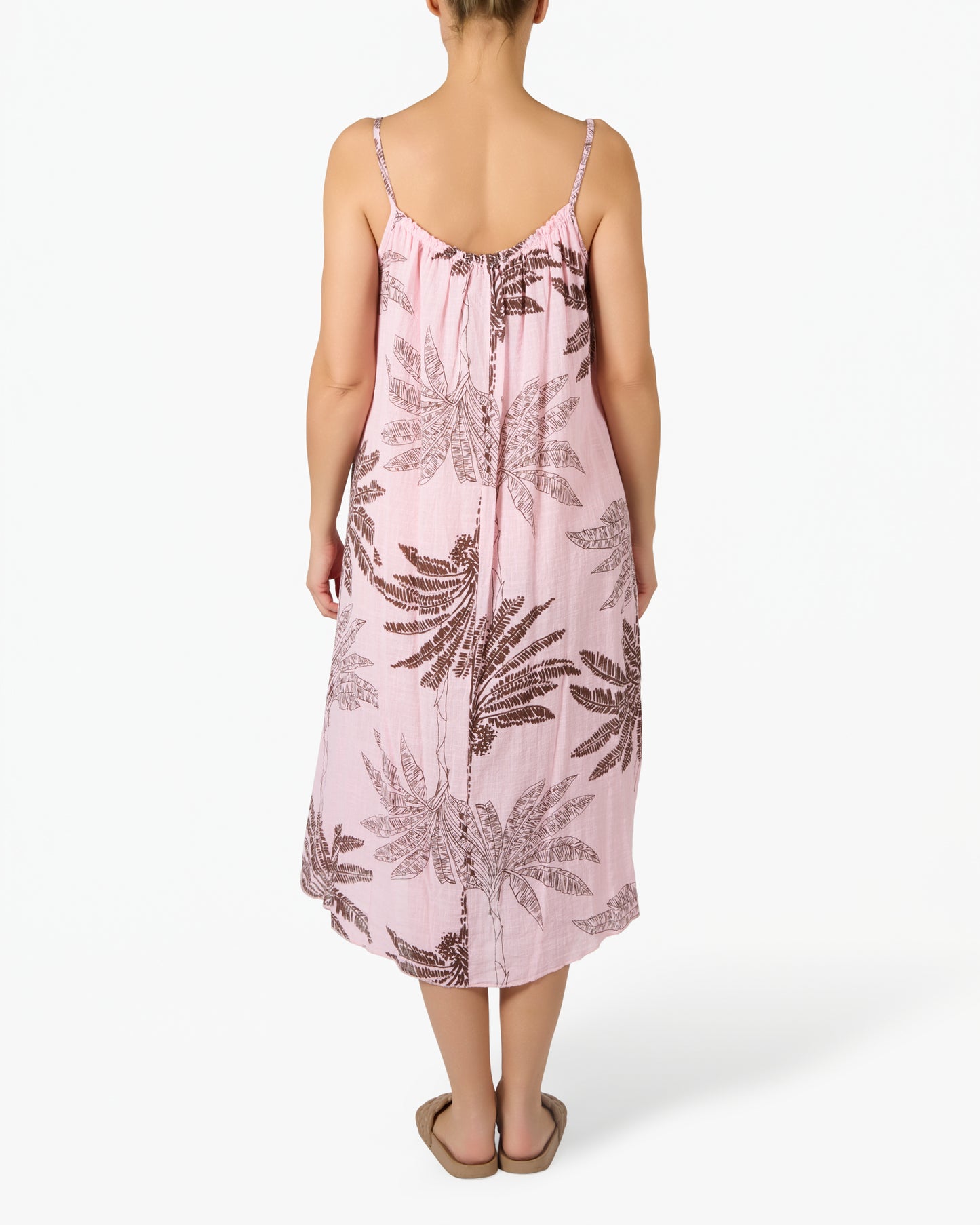Robe Rose en Gaze à Bretelles Fines avec Imprimé Floral Palmier