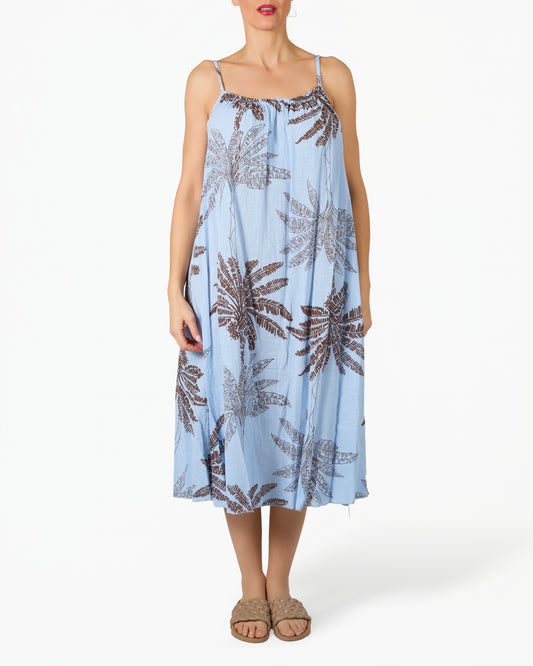 Robe Bleue en Gaze à Bretelles Fines avec Imprimé Floral Palmier