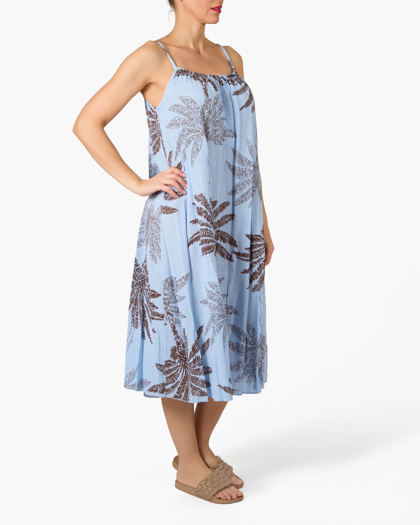 Robe Bleue en Gaze à Bretelles Fines avec Imprimé Floral Palmier
