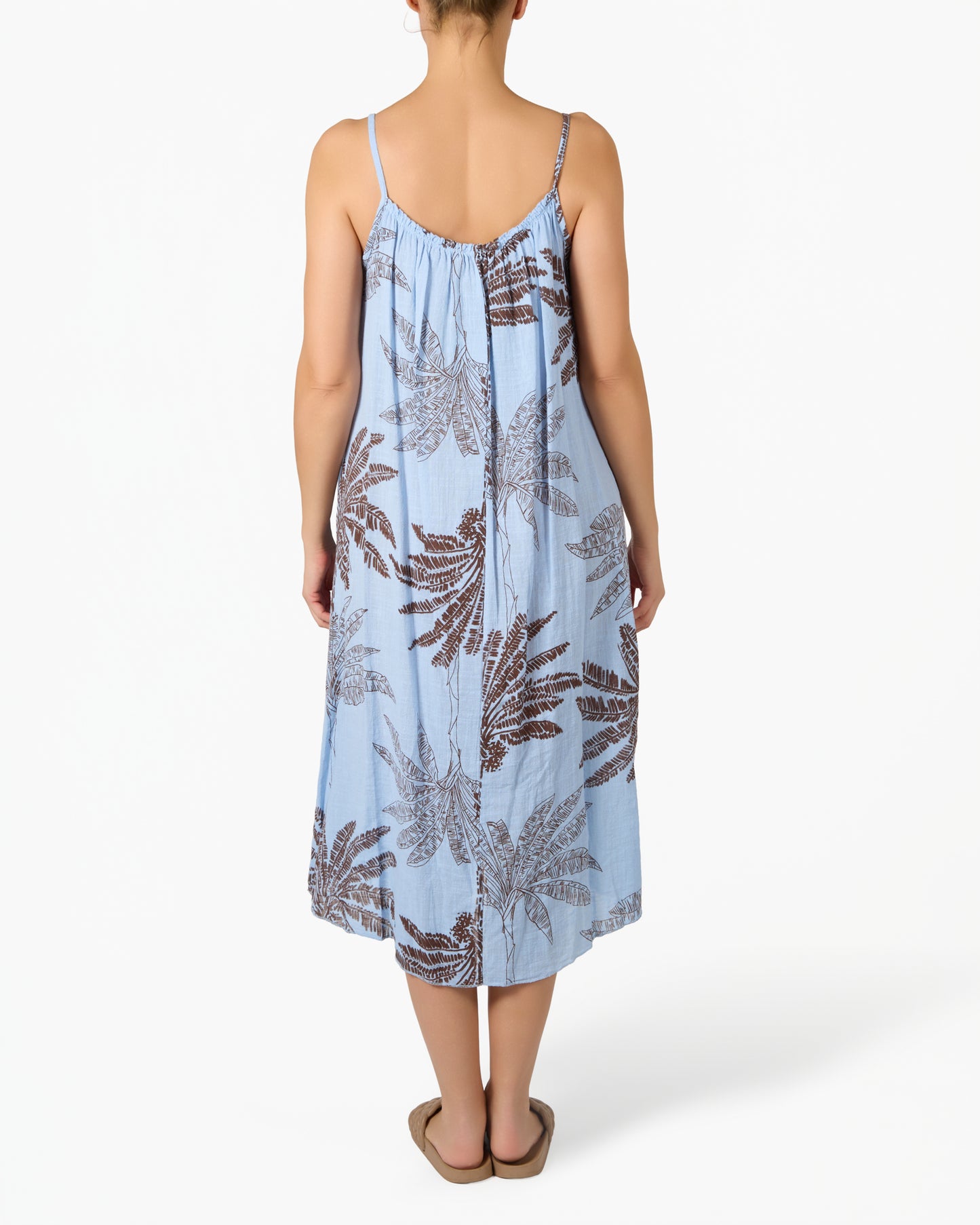 Robe Bleue en Gaze à Bretelles Fines avec Imprimé Floral Palmier
