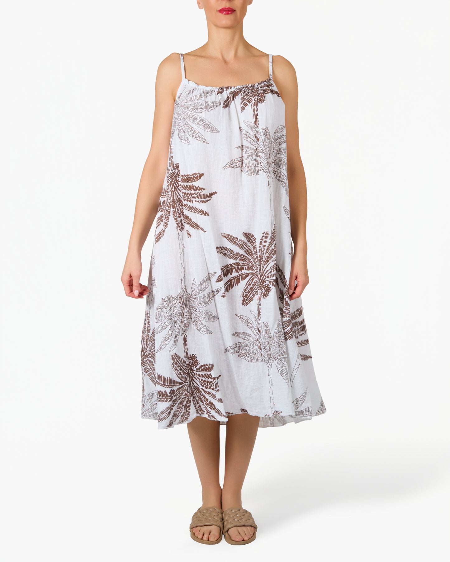 Robe Blanche en Gaze à Bretelles Fines avec Imprimé Floral Palmier