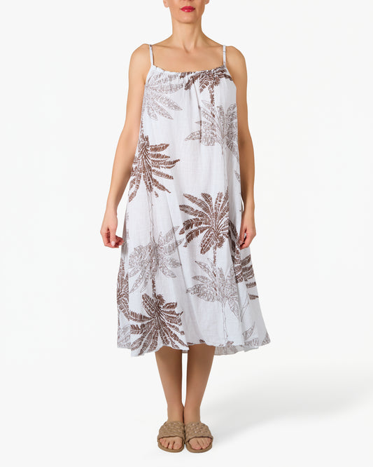 Robe Blanche en Gaze à Bretelles Fines avec Imprimé Floral Palmier