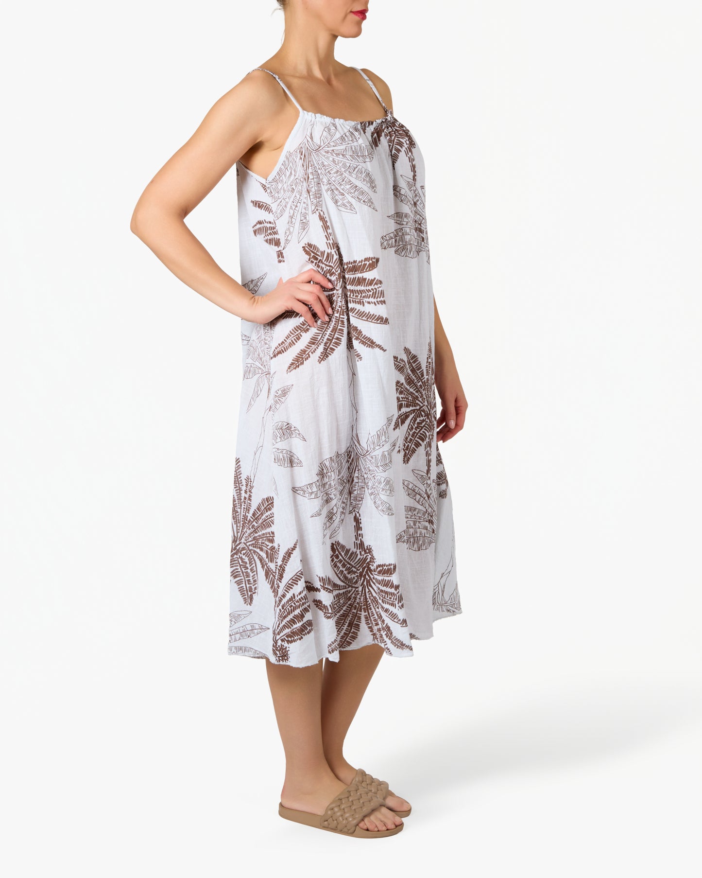 Robe Blanche en Gaze à Bretelles Fines avec Imprimé Floral Palmier