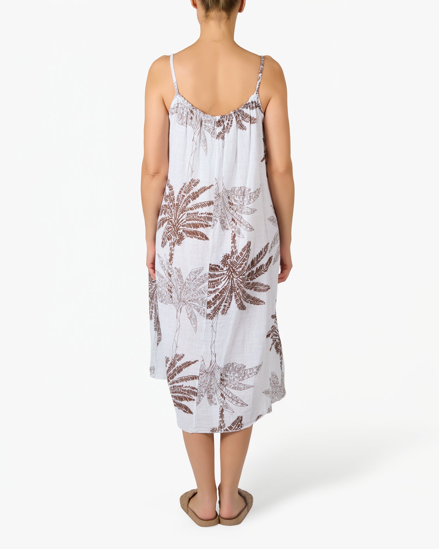Robe Blanche en Gaze à Bretelles Fines avec Imprimé Floral Palmier