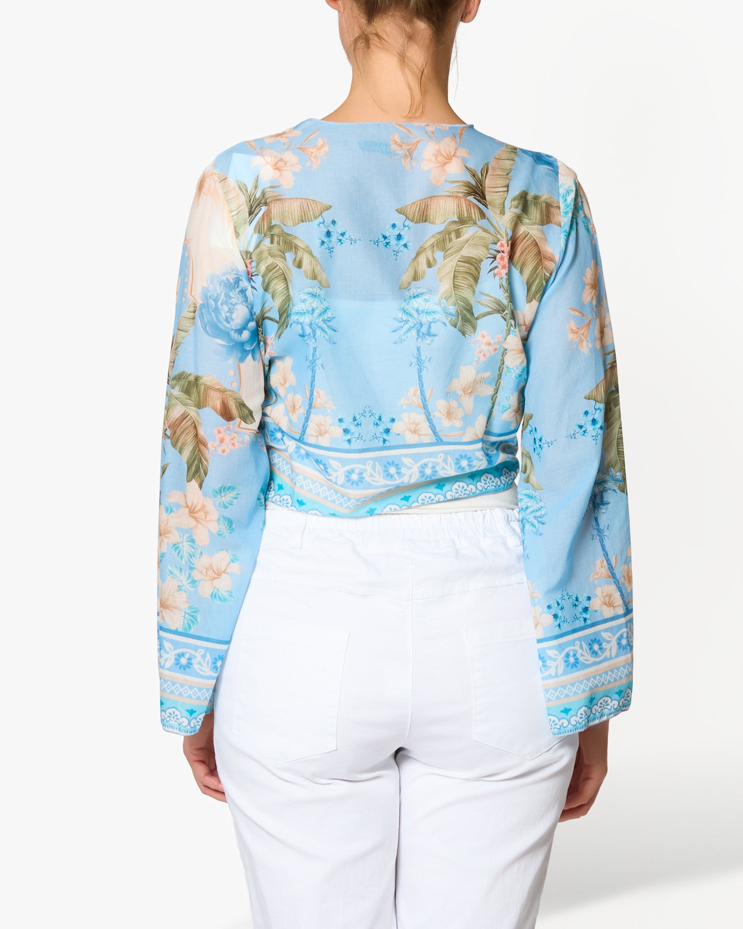 Boléro Bleu à Manches Longues avec Bordure Florale