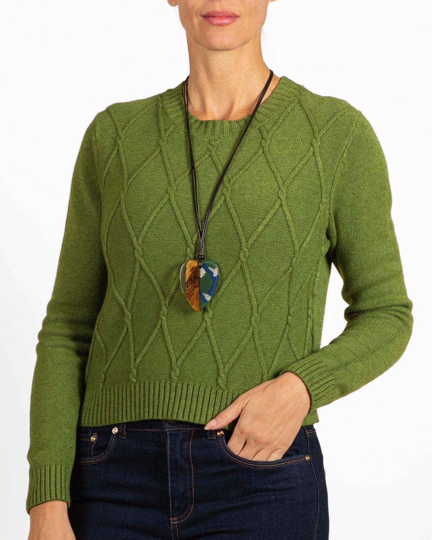 Pull à col rond en maille torsadée Olive Diamond