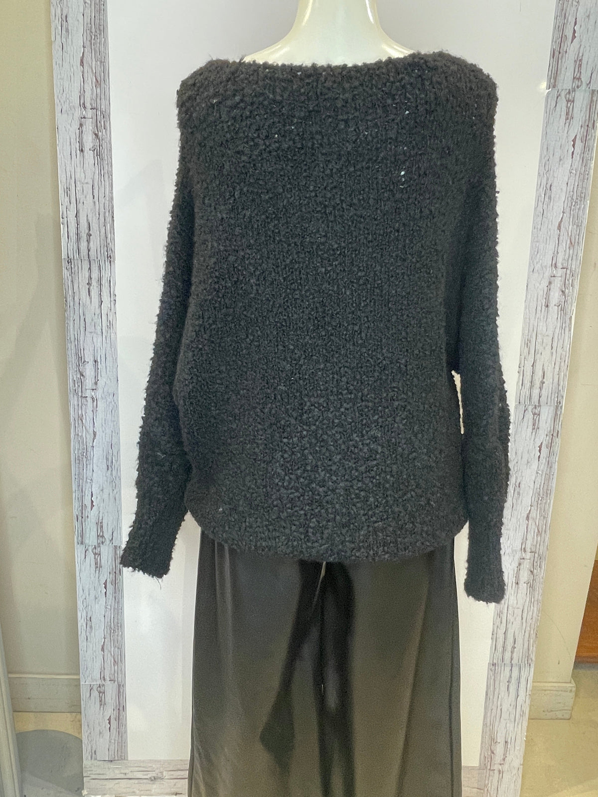 Black Chunky Knit Sweater with Oversized White Heart